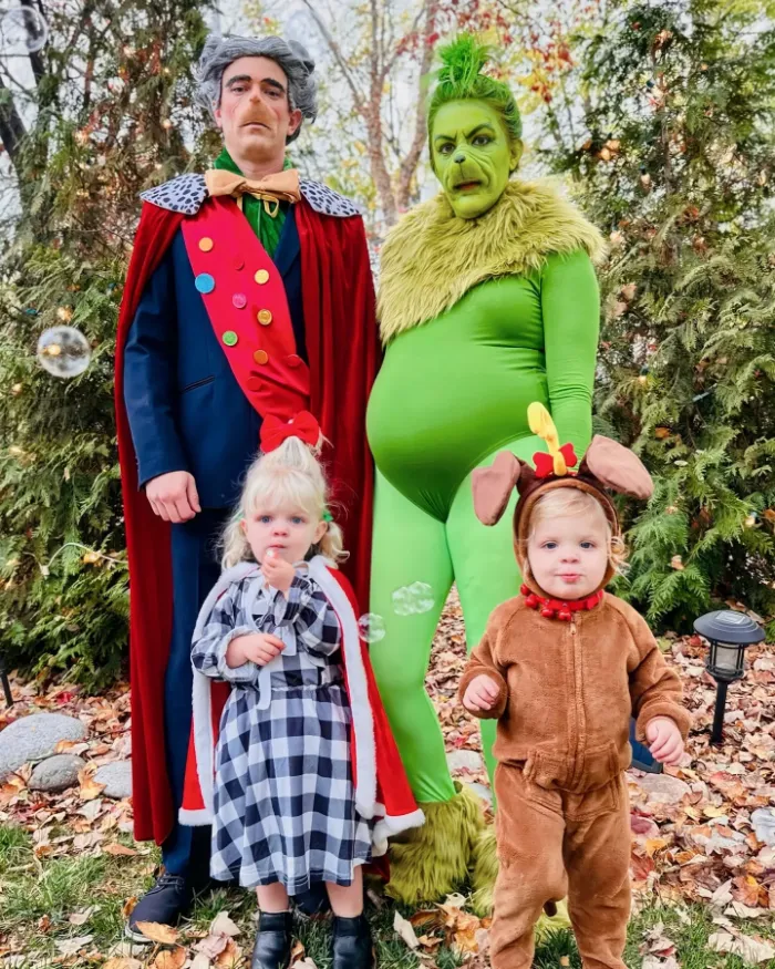 Family dressed as The Grinch, Cindy Lou, Max the dog, and the Mayor of Whoville